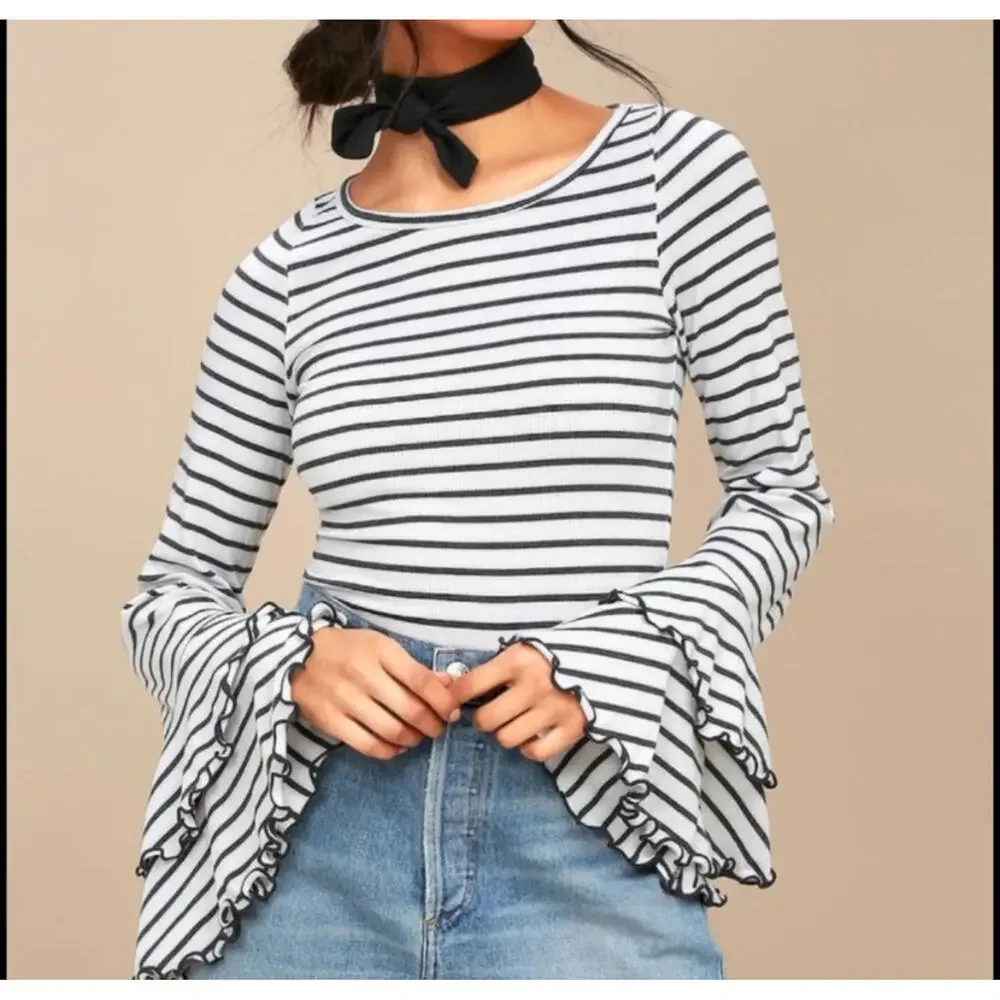 Free People Striped Long Sleeve Top‎ with Ruffled Bell Sleeves - XS